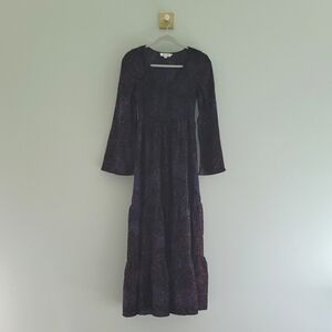 Molly Bracken Tiered Maxi Dress Small Blue Red Print Long Bell Sleeves Smocked